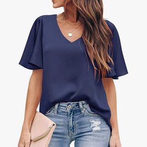 Navy Flounce Sleeve Blouse